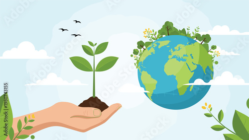 Person holds a small green plant in soil next to a lush globe covered in trees representing global reforestation and environmental hope.