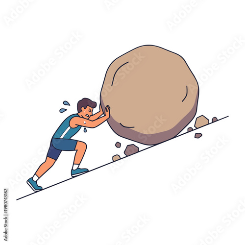 A man struggles to push a large boulder up a steep incline with effort.