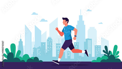 Active man runs through a modern city landscape with skyscrapers and parks while listening to music for a healthy morning routine.