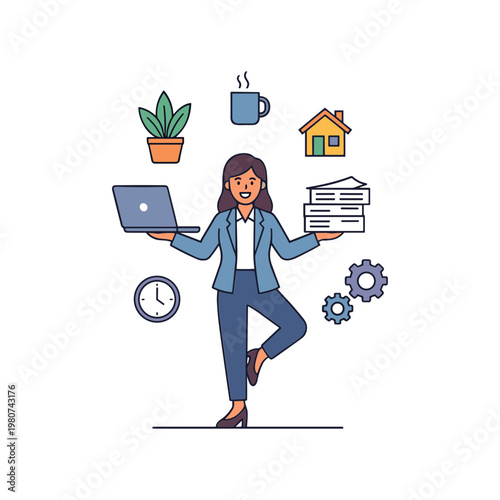 A woman balances work and home life with laptop and papers in a busy environment