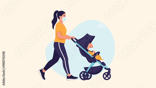 Woman wearing a face mask pushes a baby stroller with a masked child while walking through an urban park setting during pandemic.