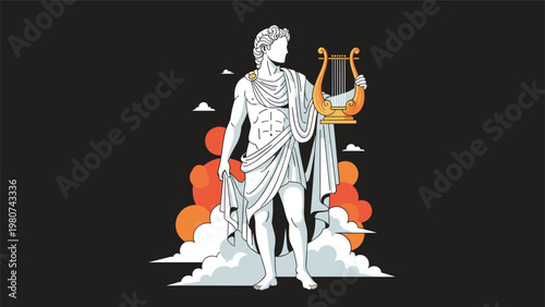 Classical statue of greek god apollo standing on clouds and holding a golden lyre against a dramatic dark sky with orange circles.