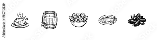 Gastronomy and Restaurant Menu Food Elements with Hand-Drawn Inky Brushwork and Organic Painterly Textures