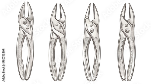 A set of four illustration-style pliers, depicted in shades of gray. Tool design against a white backdrop