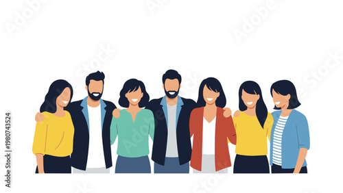 Group of diverse happy friends stand together in a row with arms around each other symbolizing friendship unity and community support.