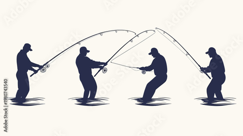 Four fishermen silhouettes stand in water, casting lines with curved fishing rods