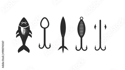 Black silhouettes of fishing tackle fish, hooks, and lures on a white backdrop
