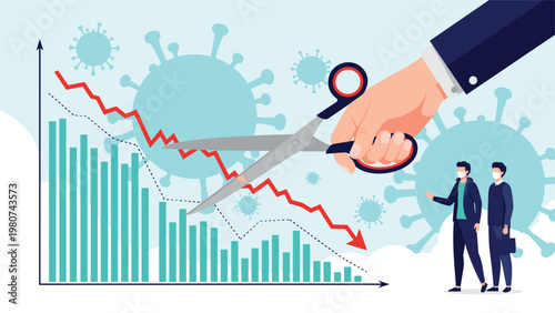 Professional businessman wearing a face mask watches as a giant hand uses scissors to cut a downward red arrow on a financial bar chart.