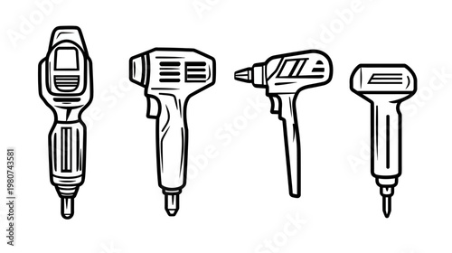 Four outline images of medical diagnostic instruments on a plain white background