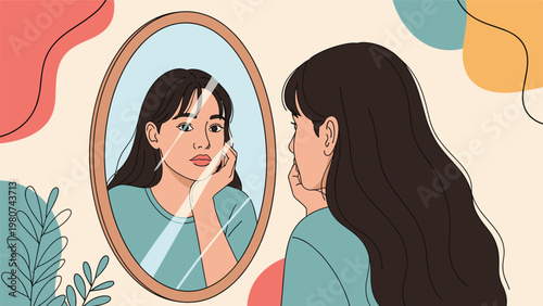 Sad and contemplative young woman looks at her reflection in an oval mirror surrounded by colorful abstract shapes and green plant leaves.