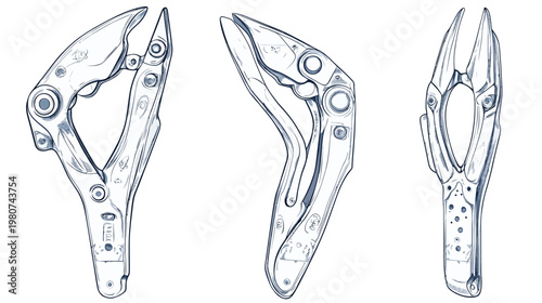 A detailed sketch featuring three angles of a stylized mechanical tool. Each view highlights its design