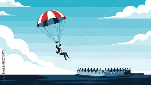 Risk taking businessman in a suit uses a red and white parachute while falling toward a dangerous metal bear trap in a sky with white clouds.