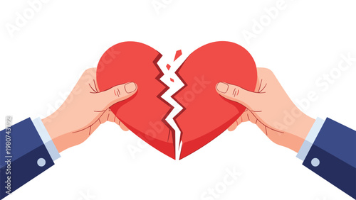 Powerful metaphor of two hands in suits pulling apart a broken red heart symbol to represent the emotional pain of a breakup or relationship end.