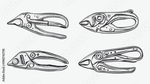 Monochrome illustration of four hand tools. Each is a pair of pliers, set against a white background