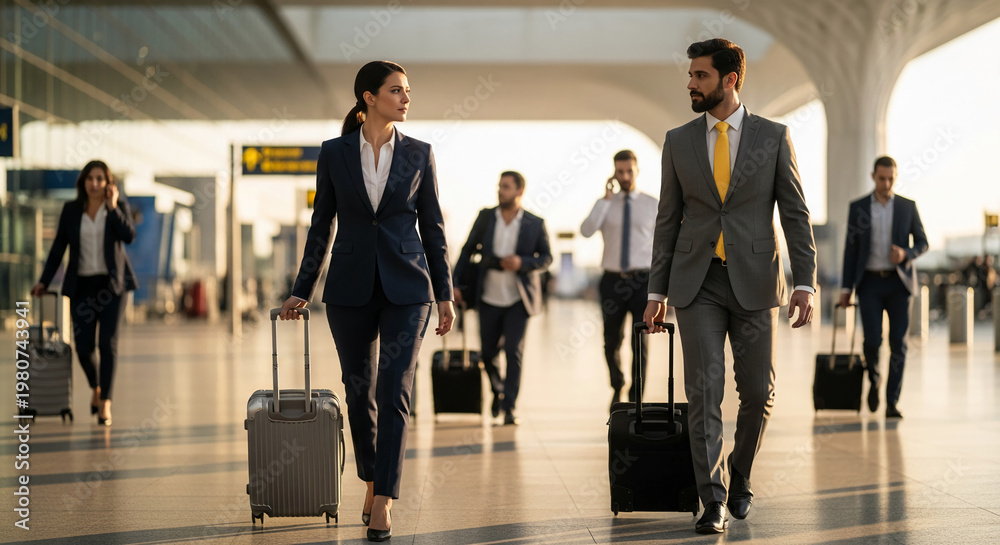 Fototapeta premium Image of people in business attire with luggage at an airport terminal, representing global business, travel, and modern transportation solutions