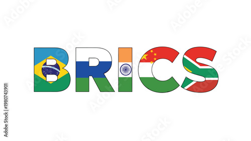 International political acronym BRICS spelled out with the colorful national flags of Brazil, Russia, India, China, and South Africa inside.