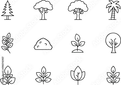 Collection of Diverse Tree and Plant Icons for Nature and Botany.