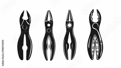 A set of four stylized tool outlines. Different pliers silhouettes for various purposes. Simple black and white