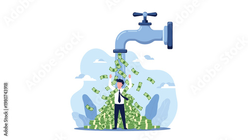 Successful businessman standing with arms raised under a giant water tap that is flowing with a stream of paper money bills for wealth theme.