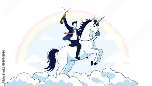 Joyful businessman holding a bottle of champagne while riding a white unicorn through a blue sky with clouds and a colorful rainbow background.