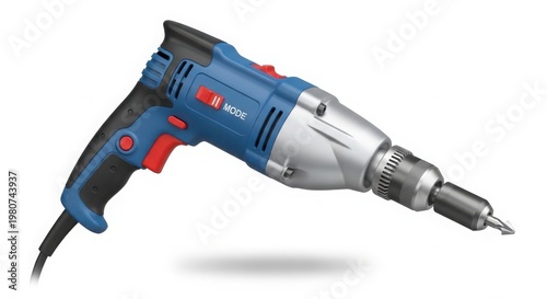 Electric power drill with blue plastic body, professional handheld screwdriver for construction, industrial rotary drilling tool for home improvement isolated on White Background