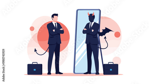 Confident businessman looking into a tall mirror and seeing a dark reflection of himself as a devil with horns, wings, and a long pointed tail.