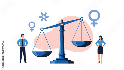 Large blue justice scale balancing a man and a woman to represent gender equality, fair pay, and equal opportunities in a professional setting.