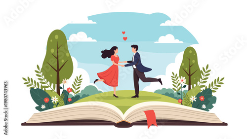 Happy romantic couple dancing together on top of an open book with beautiful trees, flowers, and hearts in a magical fairytale forest scene.