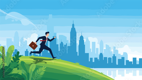 Determined businessman with a brown briefcase running quickly along a green grass hill toward a modern blue city skyline in the distance.