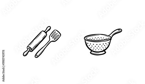 Kitchen Utensils and Botanical Herbs Culinary Set with Fluid Ink Brush Strokes and Hand-Drawn Inky Aesthetic for Cooking Classes Branding