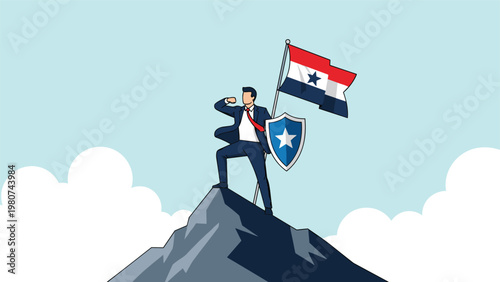 Brave businessman holding a shield and a flag while standing on the summit of a rocky mountain to show leadership, protection, and success.