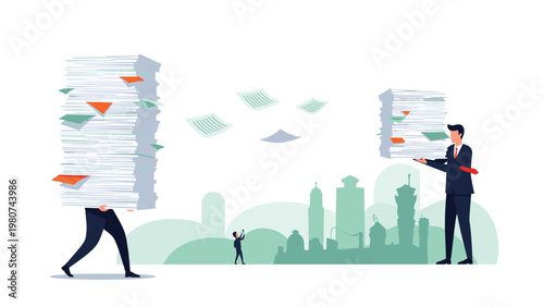Overworked businessmen struggling with massive stacks of paper documents as several sheets fly away in a windy and stressful office environment.