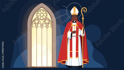 Illustration of a high religious official wearing traditional robes and a mitre standing next to a decorative arched stained glass window.