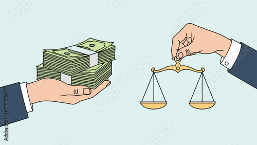 Business hand holding a large stack of cash and another hand balancing scales of justice comparing financial wealth and legal fairness.