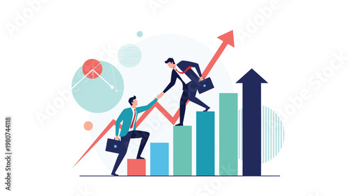 Businessman reaching down to help another man climb a rising bar chart representing mentorship and career growth within a corporate structure.