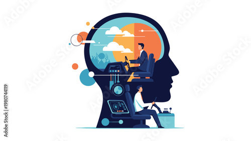 Conceptual illustration of a human head with miniature people inside operating it from consoles depicting the internal mind and decision making.