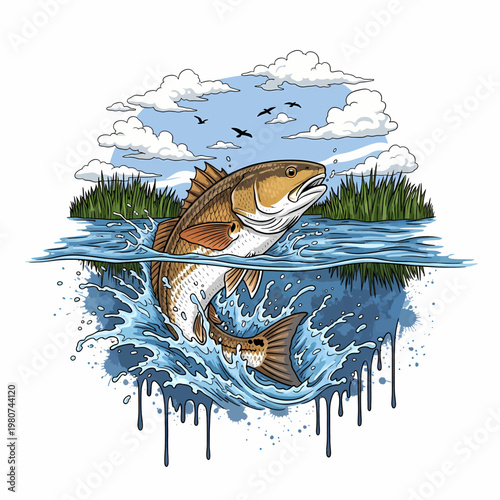 Redfish Red drum fish jumping out of water in a marsh landscape illustration