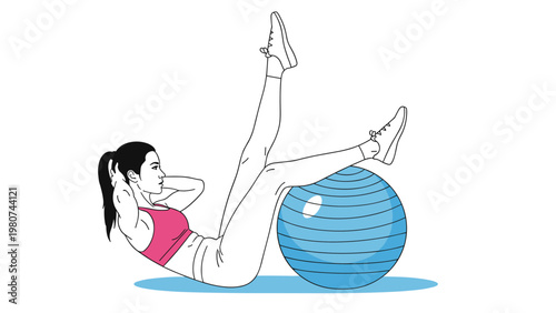 Athletic woman in a pink sports top performing core strengthening exercises using a large blue stability ball on a white background.