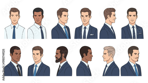 Collection of male character portraits showing diverse businessmen from front side and three quarter views wearing professional suits and ties.