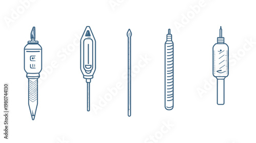 Blue line drawing of five different types of syringe-like or tool-like medical implements