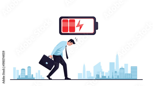 Tired businessman walking through a city with a low battery icon overhead symbolizing work fatigue and the need for a mental health break.