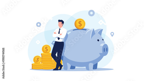 Confident businessman leaning against a large blue piggy bank surrounded by piles of gold coins representing financial savings and success.