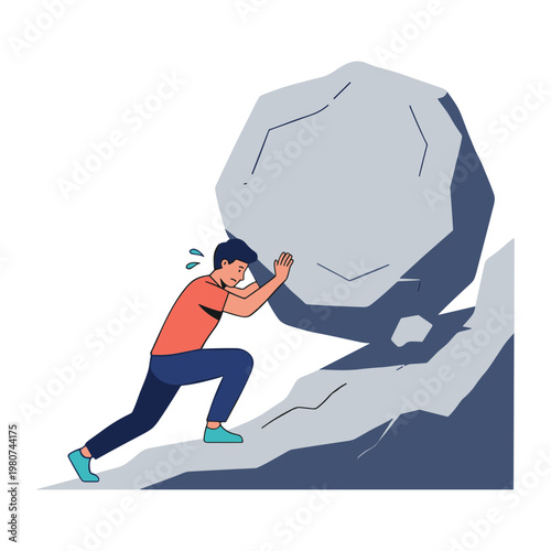 Man struggles to push a large boulder up a steep mountain slope.