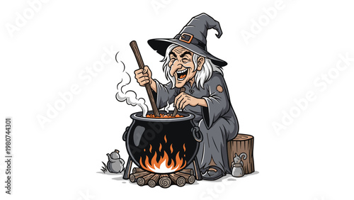 Cackling witch wearing a pointed hat stirring a large bubbling black cauldron over an open wood fire in a magical scene.
