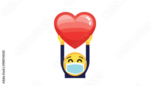 Happy yellow emoji wearing a light blue surgical face mask and lifting a large red heart above its head to show love and safety.