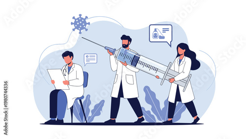Group of doctors and medical professionals working together to prepare a large syringe representing the collective effort in vaccination and healthcare.