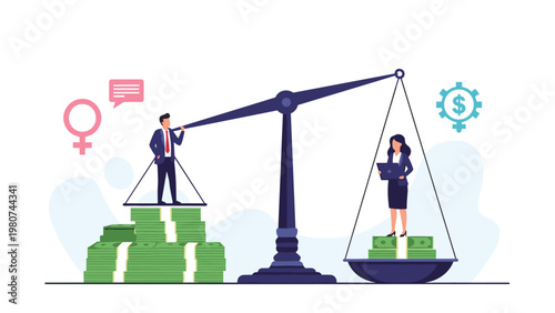 Businessman and businesswoman standing on a large set of balancing scales with different stacks of money representing the gender pay gap.