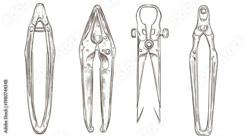 Line art illustration depicts four vintage, metal tools with different designs, on a white background
