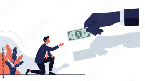 Small businessman kneeling and reaching out towards a giant hand holding a dollar bill representing financial dependency or a request for funding.