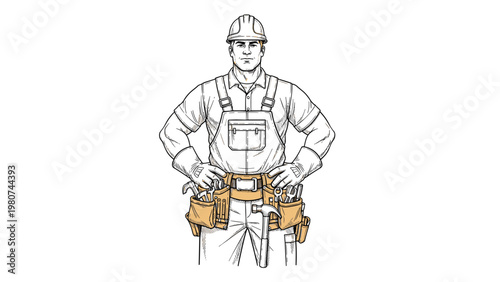 Professional construction worker or handyman wearing a hard hat and a full tool belt standing confidently with hands on hips.